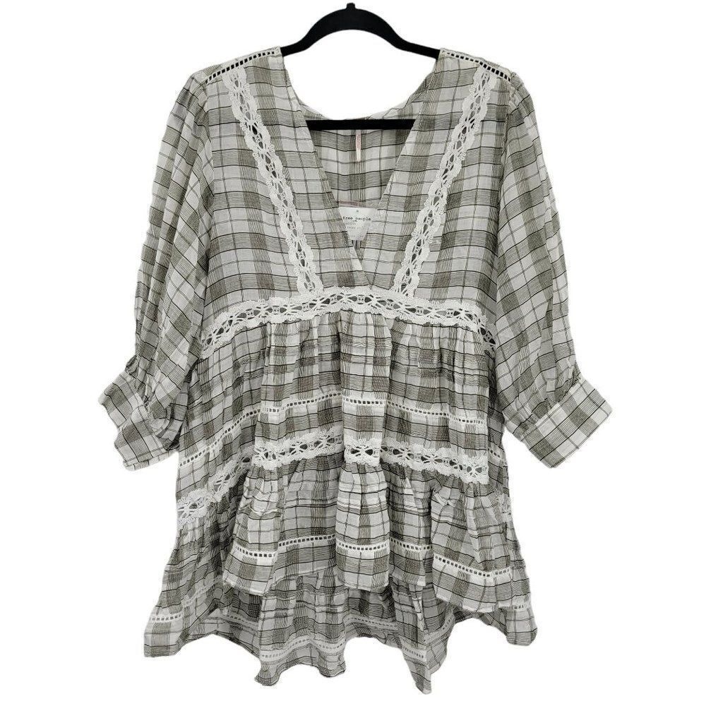 Free People Cotton Oversized Babydoll Tiered‎ Ruffle Plaid Top Sz XS Lace Boho
